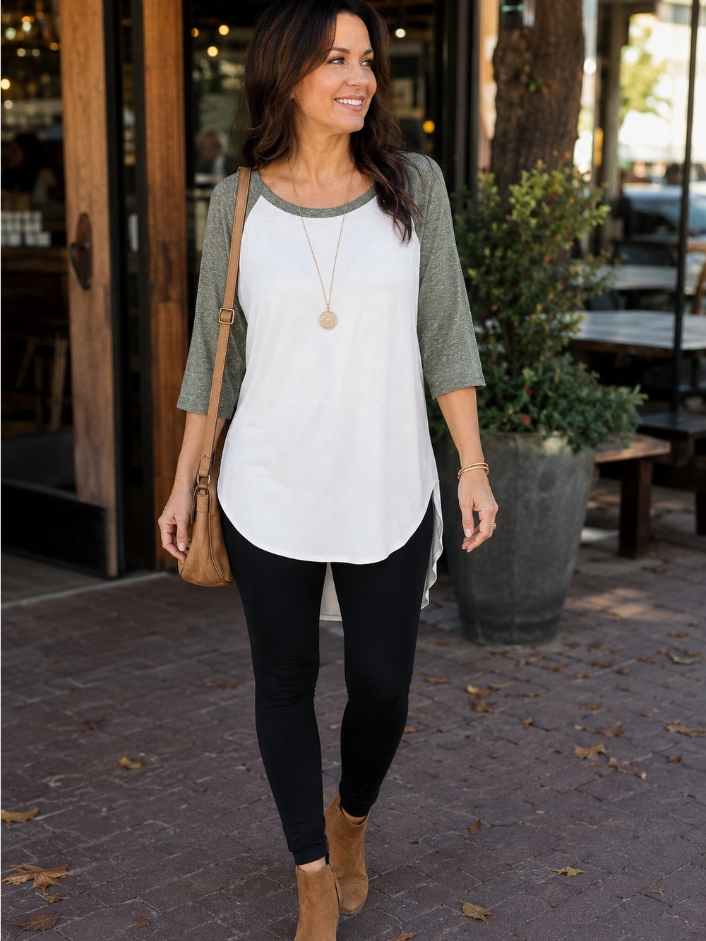 Ginger G Women’s Large White Olive Raglan Baseball Tunic Top High Low Hem